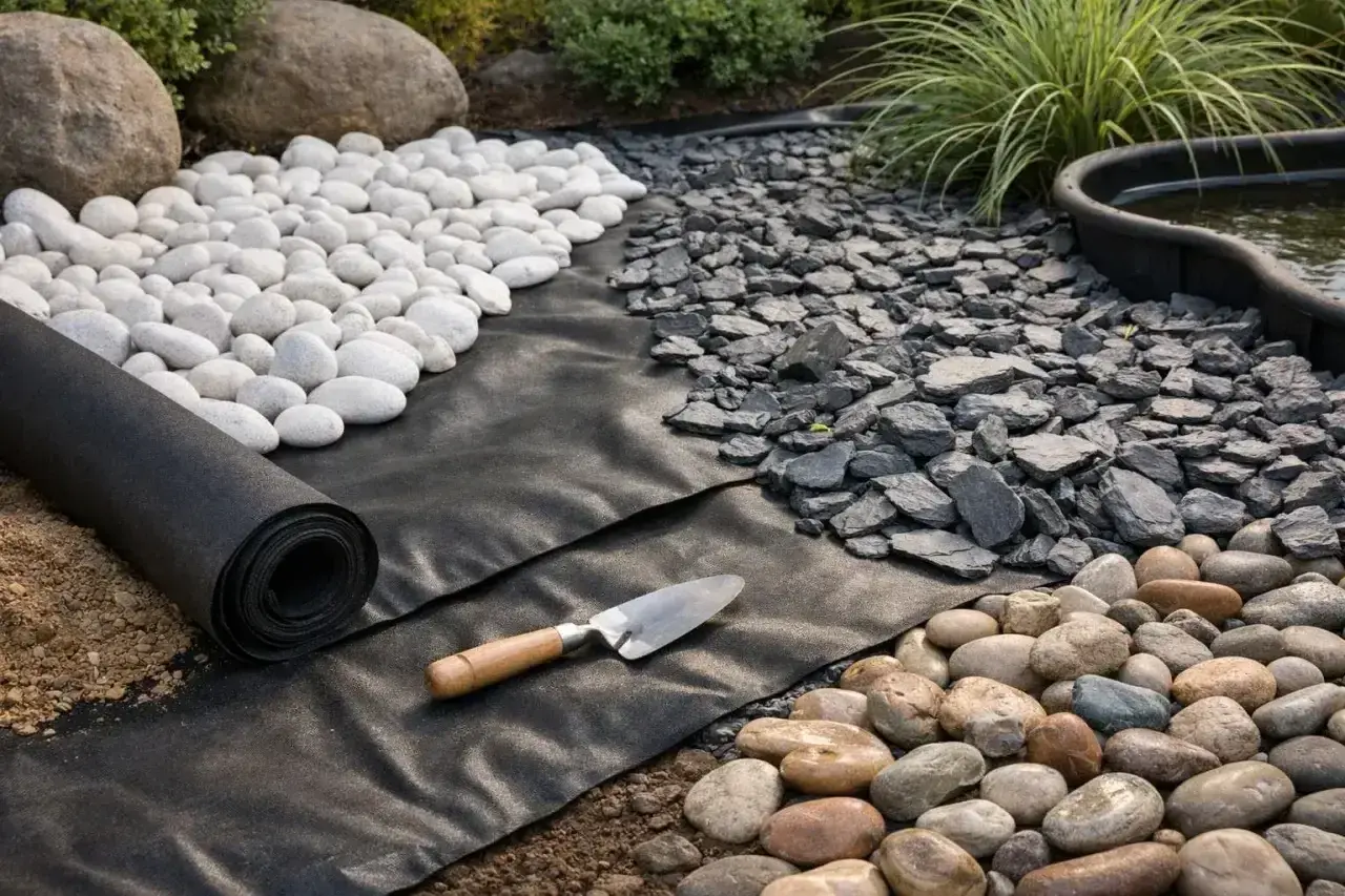 Układanie agrowłókniny pod kamienie ozdobne. Czarna agrowłóknina zapobiega przerastaniu chwastów, tworząc trwałą bazę dla kamiennych aranżacji.