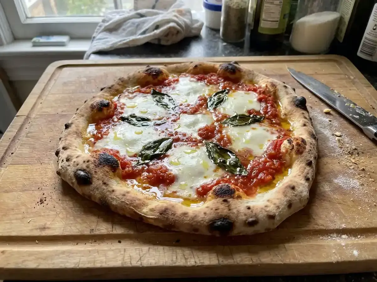 En perfekt napolitansk pizza med bubblig kant, smält mozzarella och färsk basilika på en träskärbräda.