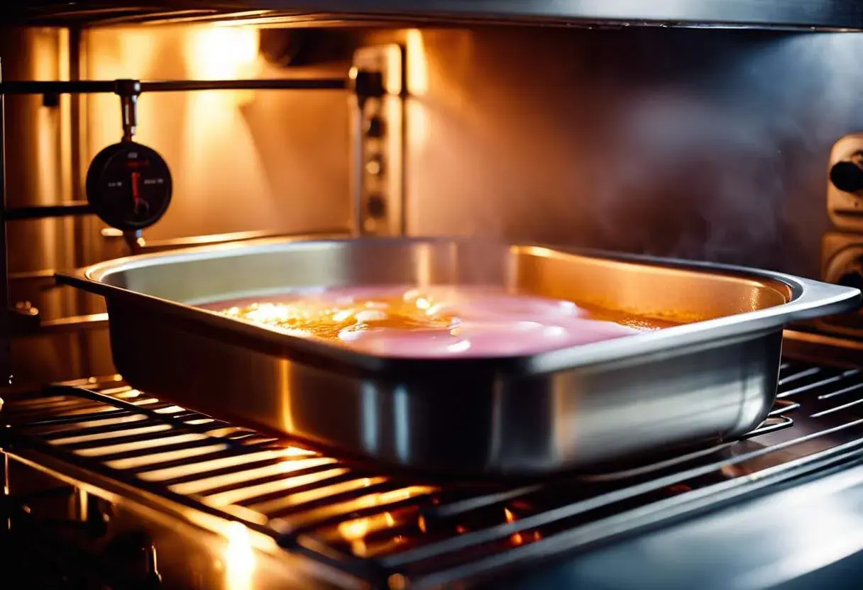 Un plat métallique rempli d'eau et de préparation rose est placé dans un four chaud, prêt pour comment faire un bain marie. Un thermomètre est suspendu à proximité.