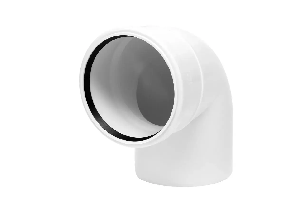Białe kolano do WC 90 st. z przyłączem, element instalacji kanalizacyjnej.