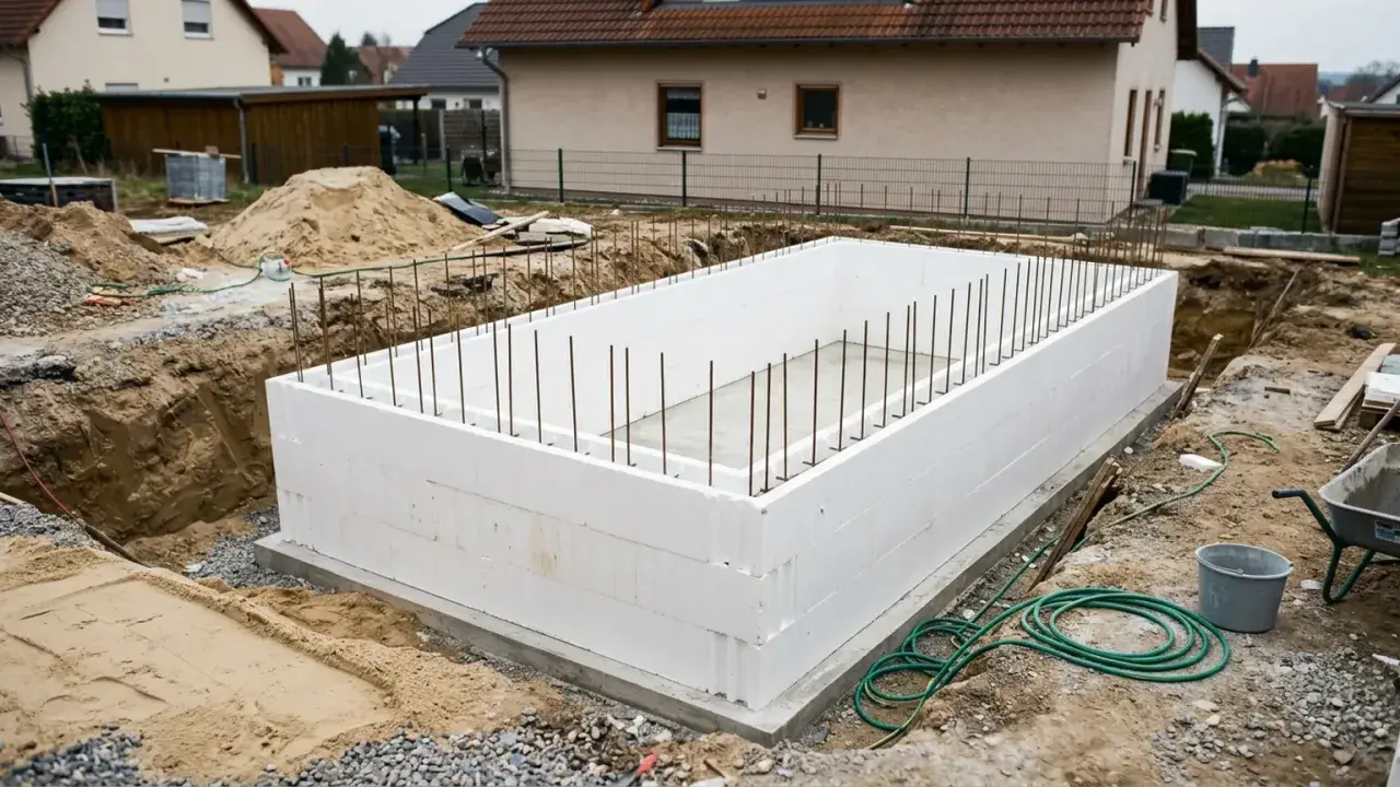 Baufortschritt: Ein rechteckiger Pool wird aufgestellt, die Wände aus weißen Styroporsteinen sind bereits fertig. Bewehrungsstäbe ragen aus dem Betonboden.