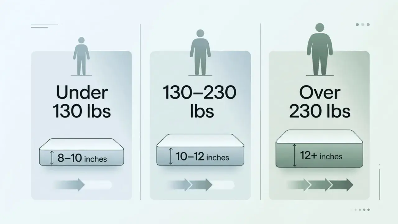Mattress thickness guide: 8-10 inches for under 130 lbs, 10-12 inches for 130-230 lbs, and 12+ inches for over 230 lbs.