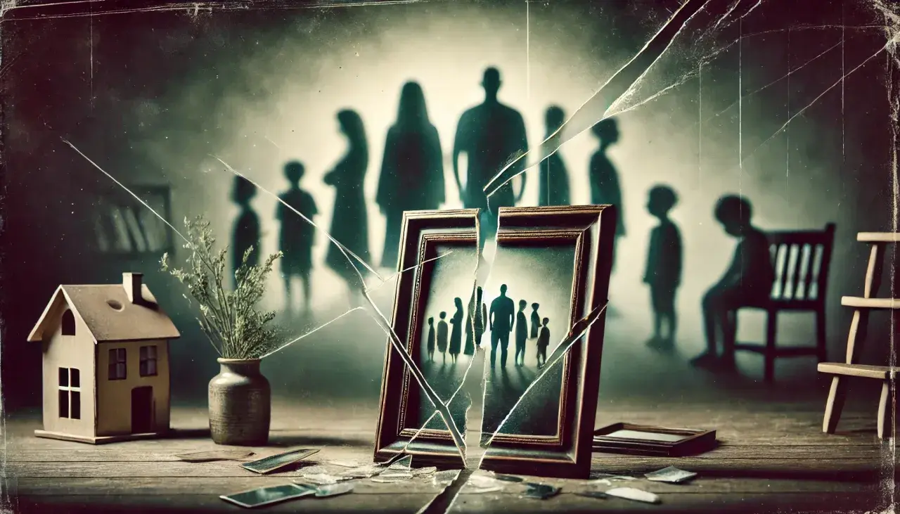 Ombre di figli adulti di famiglie disfunzionali, un quadro rotto e una casa in miniatura simboleggiano un passato frammentato.