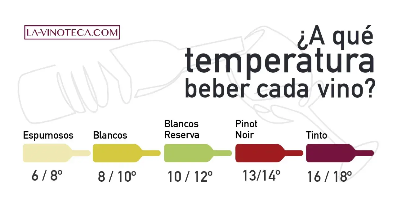 Guía de temperatura ideal para cada vino: espumosos (6-8°), blancos (8-10°), reserva (10-12°), Pinot Noir (13-14°) y tinto (16-18°).