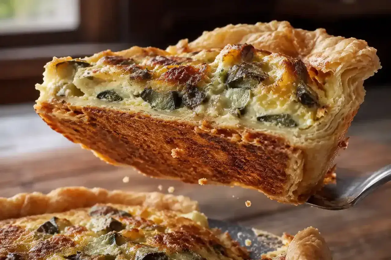 Une part de quiche aux courgettes, dorée et croustillante, est soulevée du plat. La cuisson quiche au four a donné un résultat parfait.