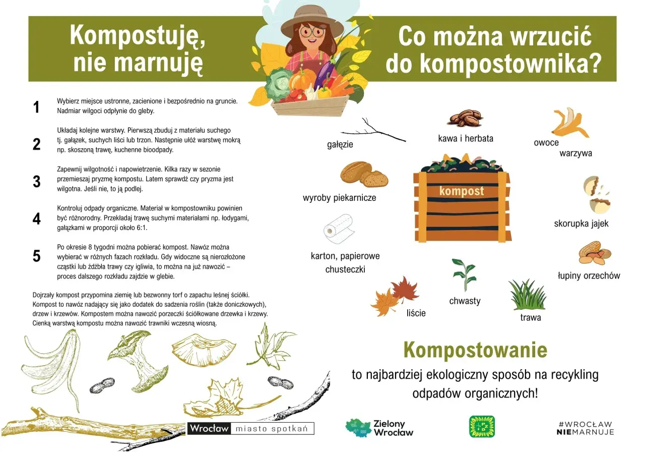 Jak zrobić dobry kompost: wybierz miejsce, układaj warstwy suche i mokre, zapewnij wilgoć i napowietrzenie. Kompostuj odpady organiczne!