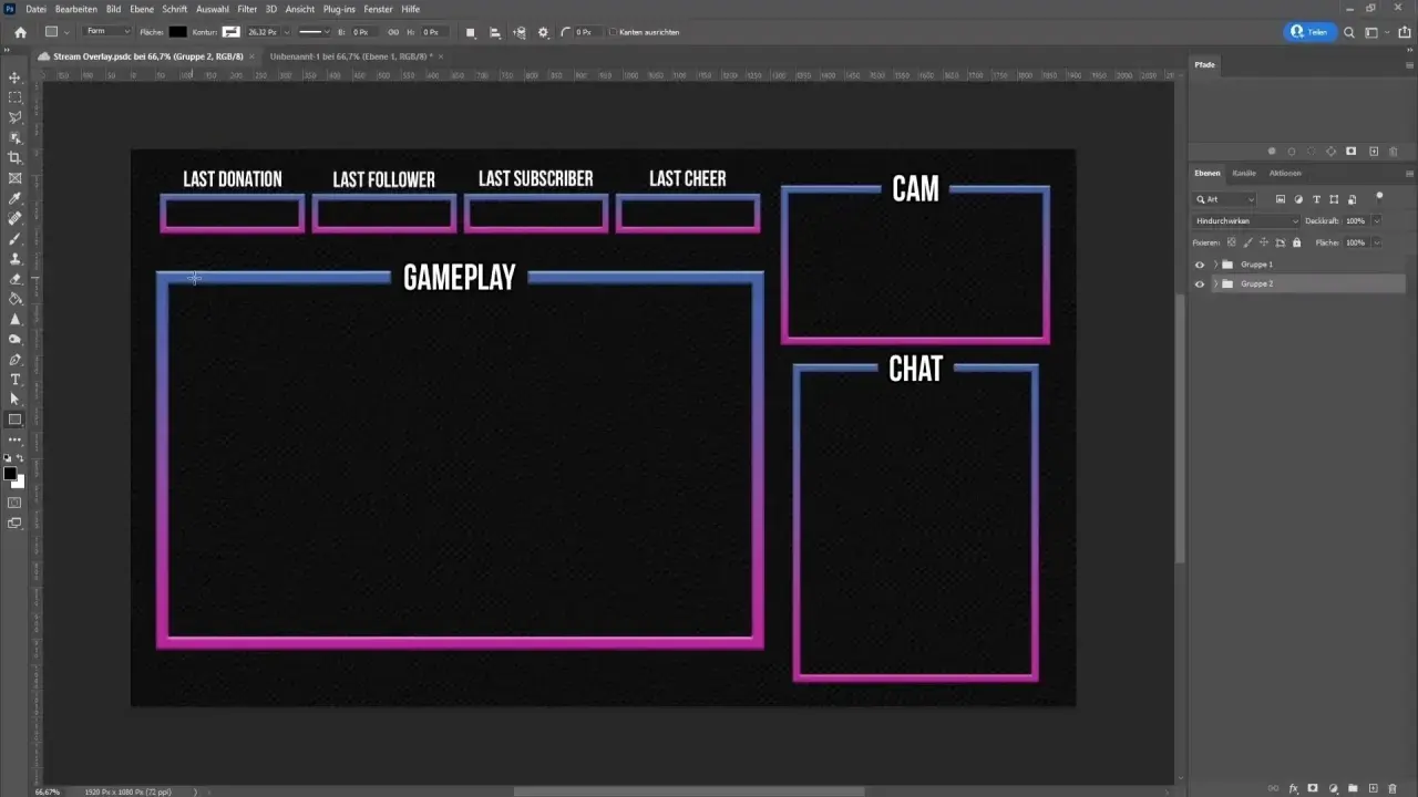 Ein Stream-Overlay-Design in Photoshop, bereit, um mit bunten Rahmen für Gameplay, Cam und Chat erstellt zu werden.