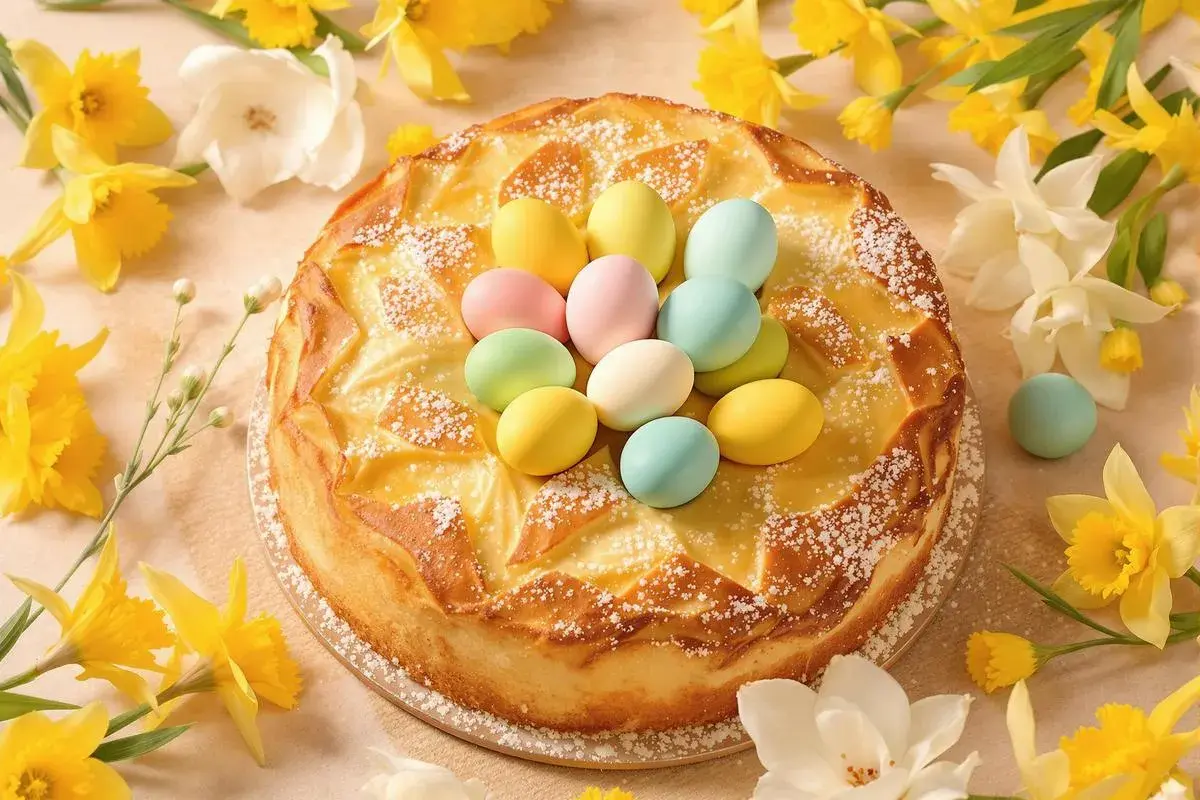 Gâteau de Pâques italien orné d'œufs durs colorés, entouré de jonquilles printanières.