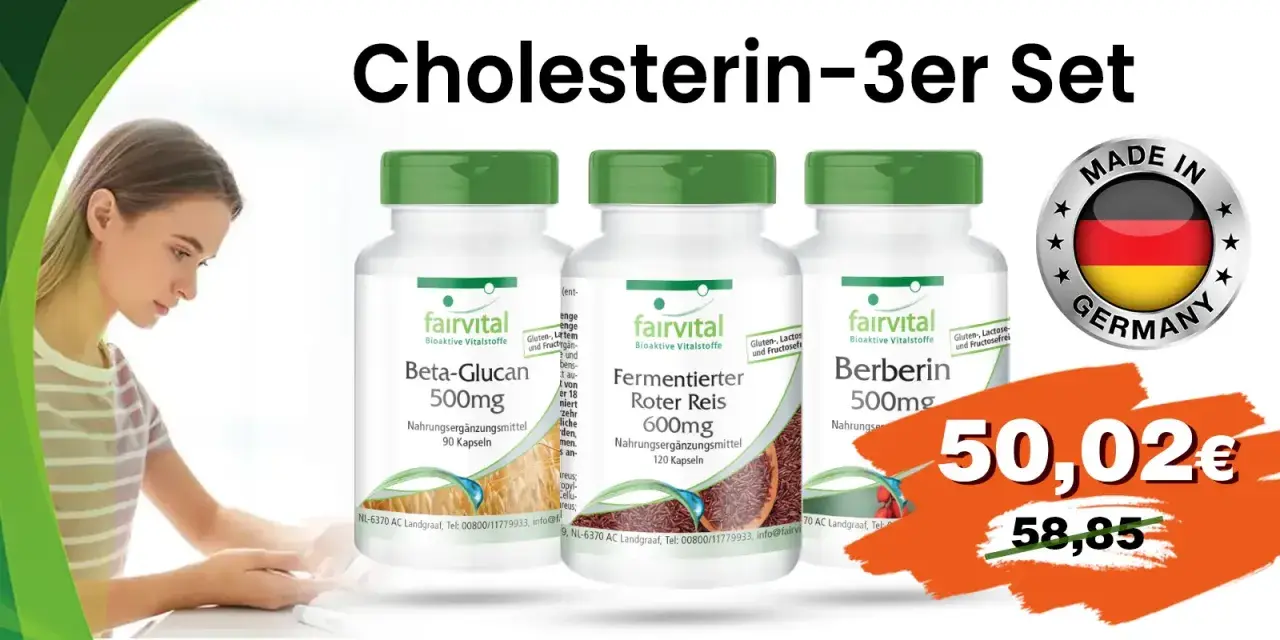 Cholesterin-3er Set mit Beta-Glucan 500mg, Roter Reis 600mg & Berberin 500mg. Die Beta-Glucan Wirkung unterstützt die Cholesterinregulierung. Made in Germany.