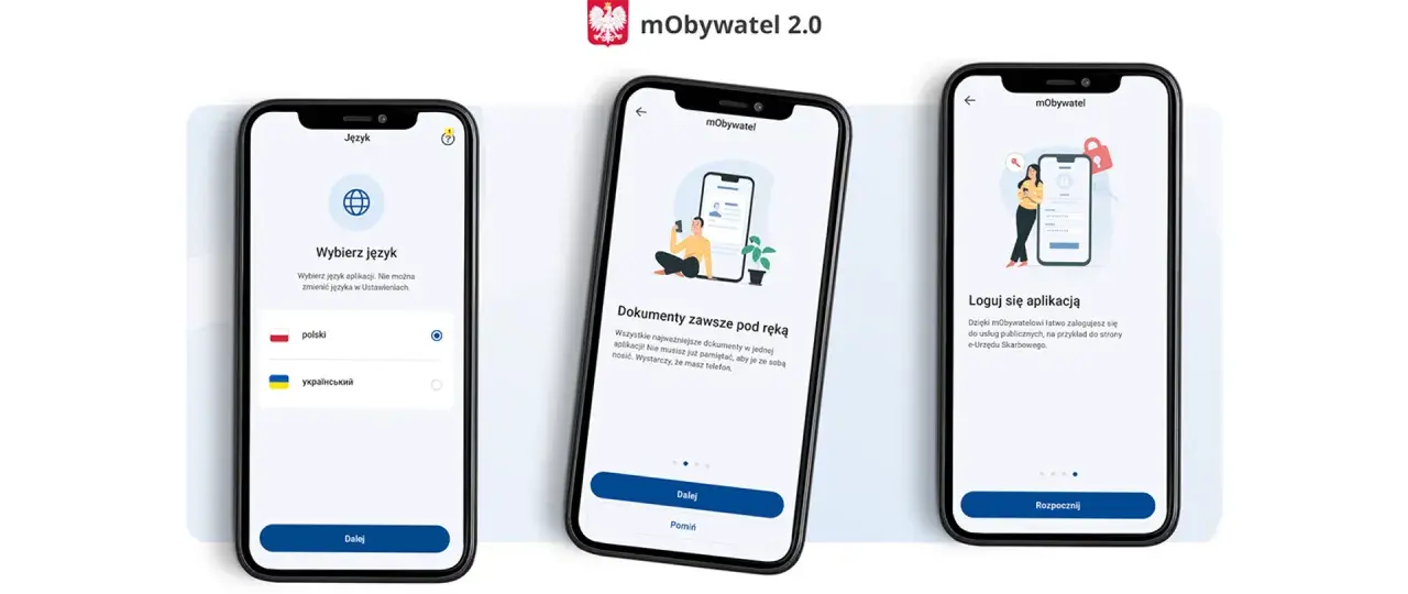 Ekran powitalny aplikacji mObywatel: wybór języka, dokumenty pod ręką i logowanie na nowym telefonie.