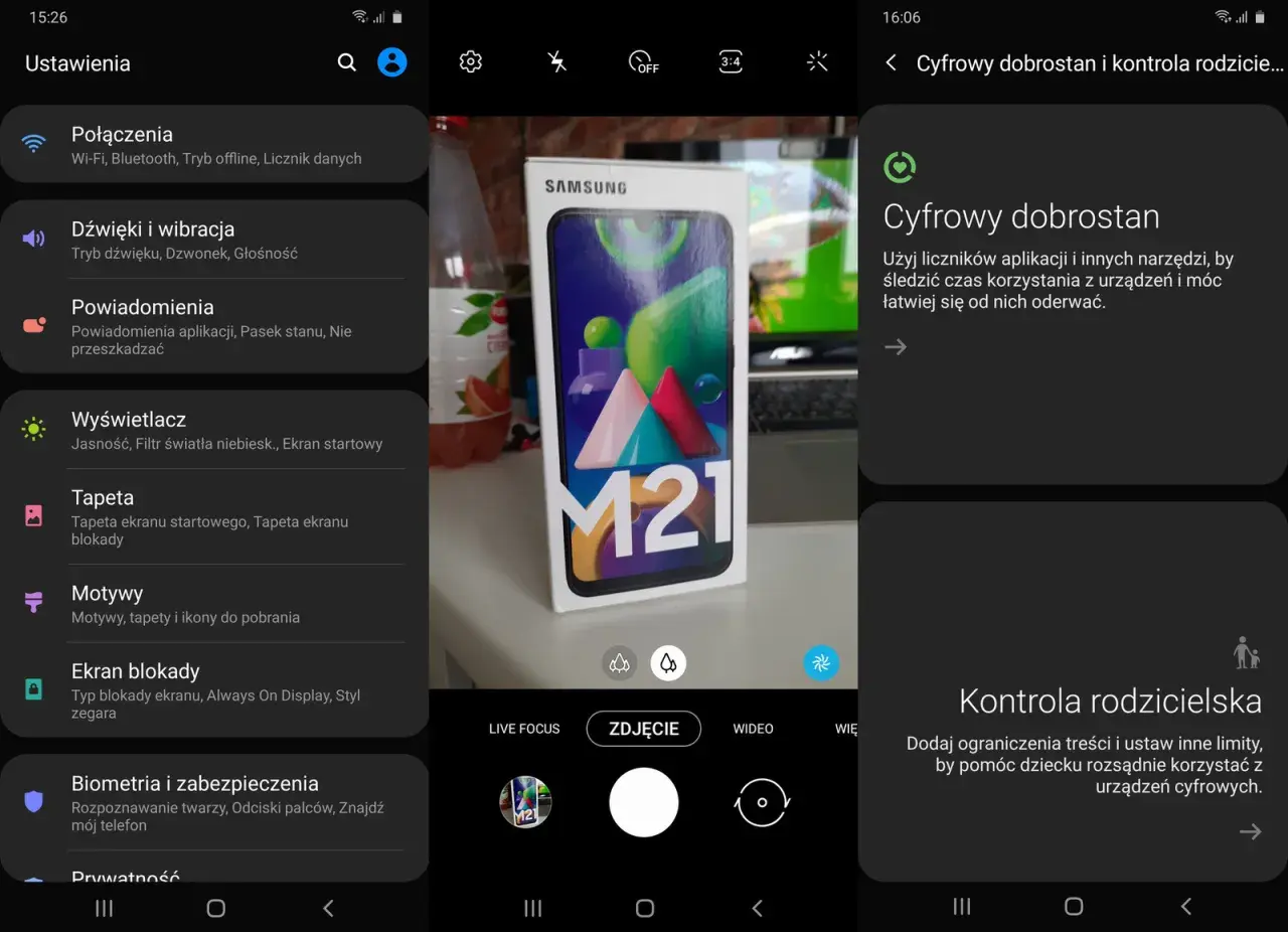 Ekran telefonu z ustawieniami "Cyfrowy dobrostan" i "Kontrola rodzicielska" oraz pudełkiem telefonu Samsung M21.