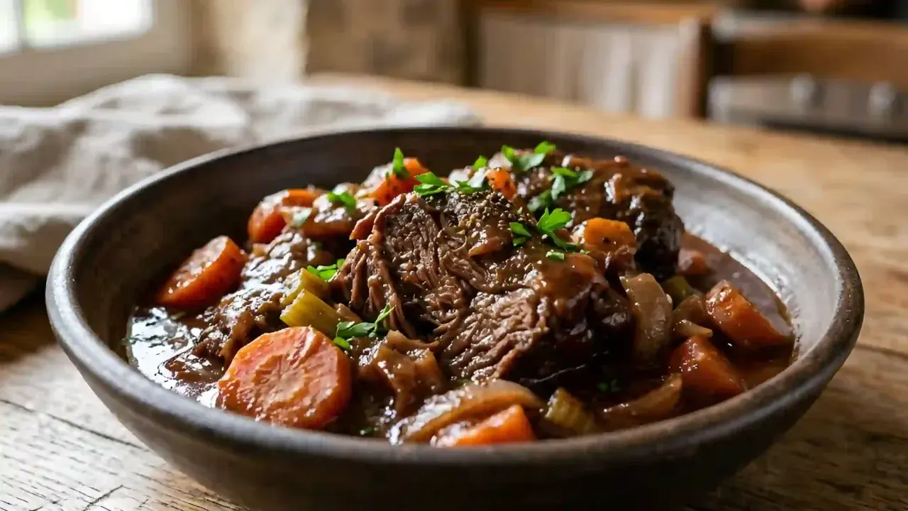 Un plat réconfortant de daube de boeuf mijotée avec des carottes et du céleri, garni de persil frais.
