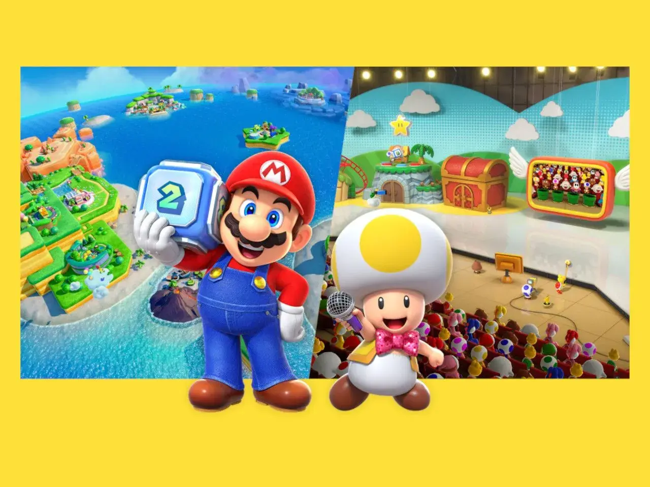Mario i Toad zapraszają na Mario Party Jamboree! Wesoła zabawa na wyspach i scenie z mnóstwem postaci.