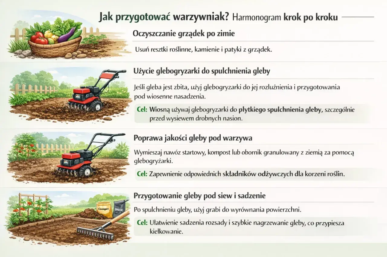 Glebogryzarka spulchnia i przygotowuje glebę pod wiosenne nasadzenia, ułatwiając siew i sadzenie.
