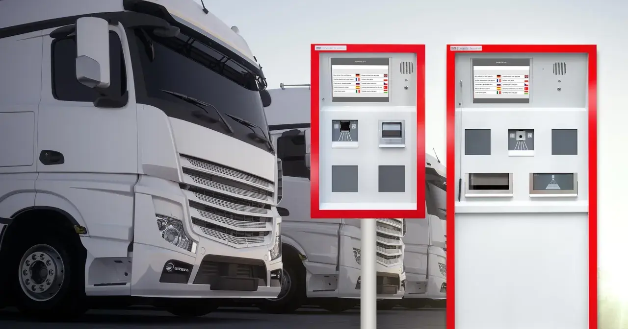 LKW-Flotte im Yard. Terminals mit Sprachauswahl und Scannern für die Logistik.