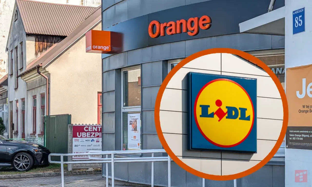 Salon Orange oferuje darmowy internet. Obok widoczny szyld Lidl.