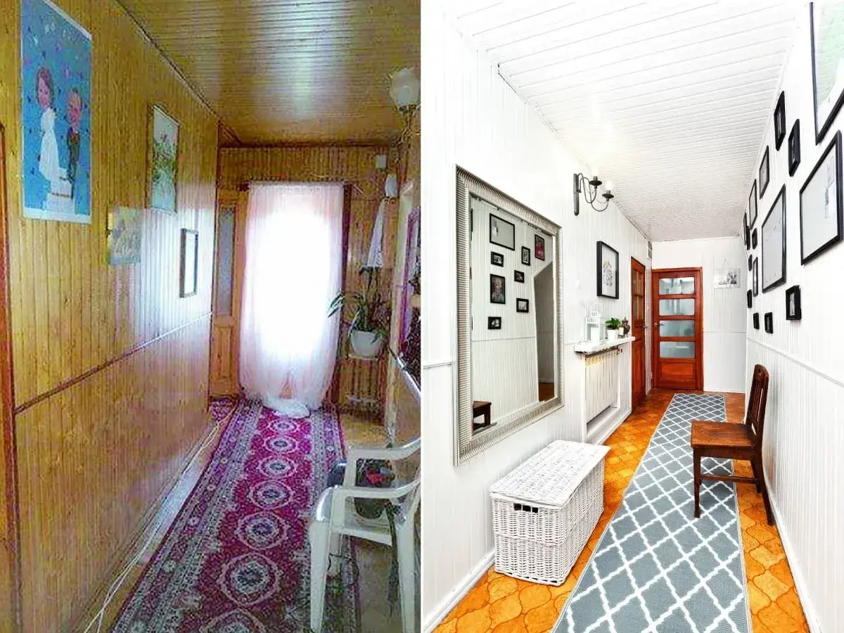 Metamorfoza starej boazerii: z przytulnego korytarza w stylu retro do jasnego, nowoczesnego wnętrza z galerią ścienną.
