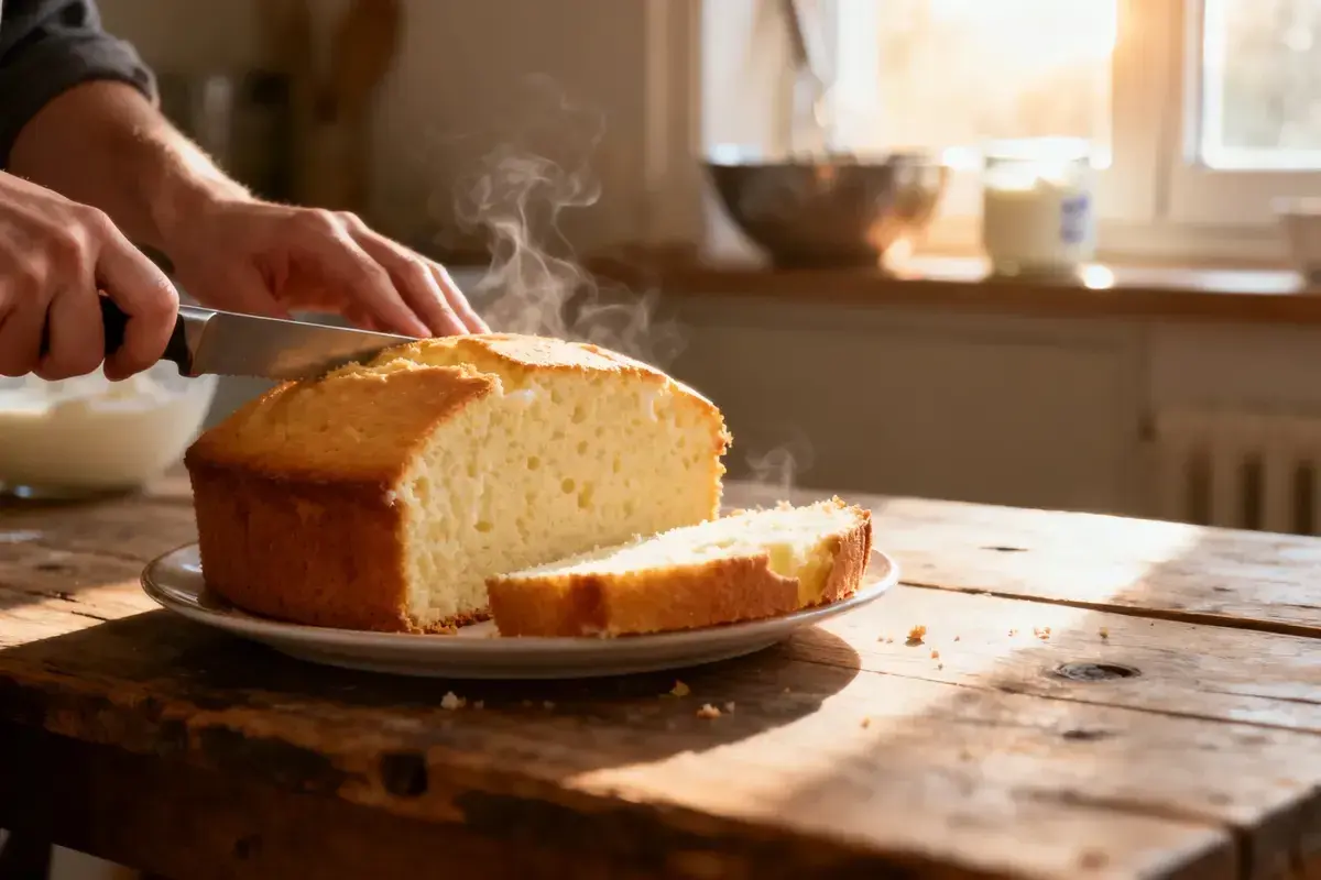 Un délicieux gâteau au yaourt, encore chaud, est coupé en tranches sur une table en bois rustique. La vapeur s'échappe doucement du gâteau.