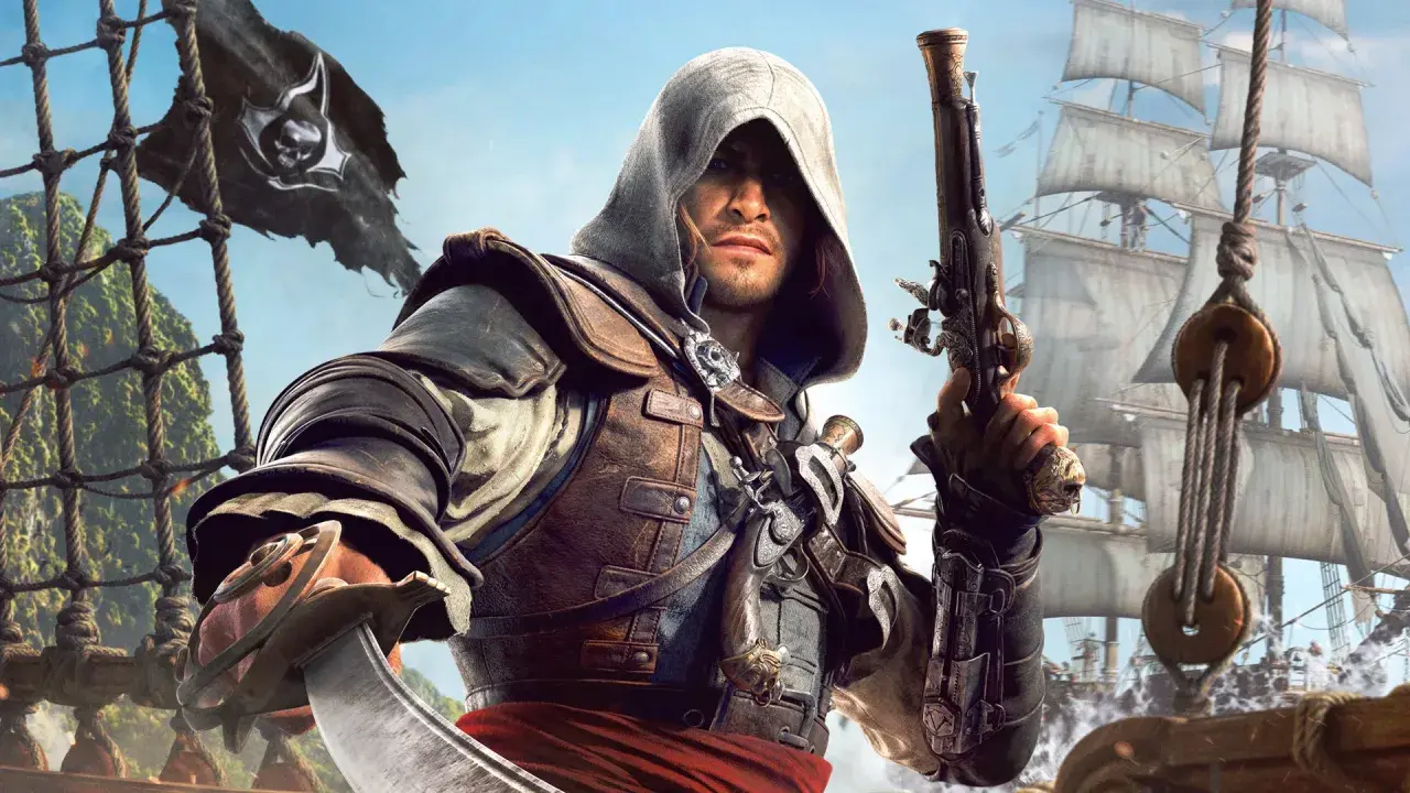 Piracki kapitan z pistoletem i szablą na pokładzie statku, gotowy do walki. Wygląda jak z gry **black flag remake**.