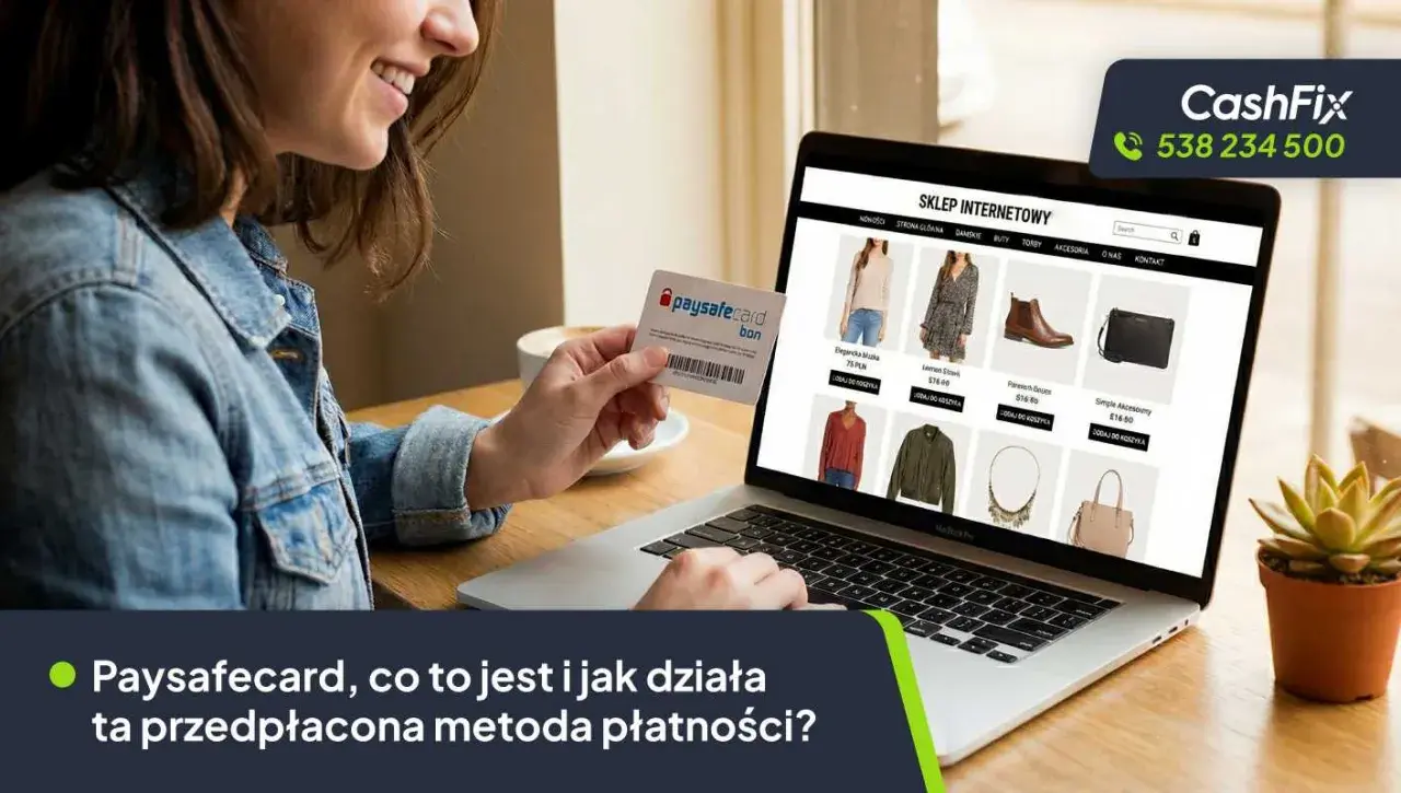 Kobieta trzyma kartę Paysafecard przed ekranem laptopa z otwartym sklepem internetowym.