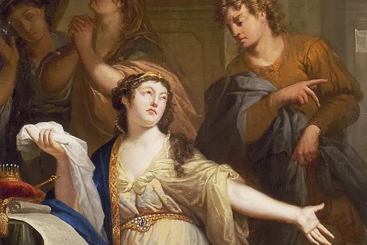 La reina Ester, con lágrimas en los ojos, implora por su pueblo. A su lado, un hombre señala con el dedo, mientras otros rezan. Un día crucial para Santa Ester.