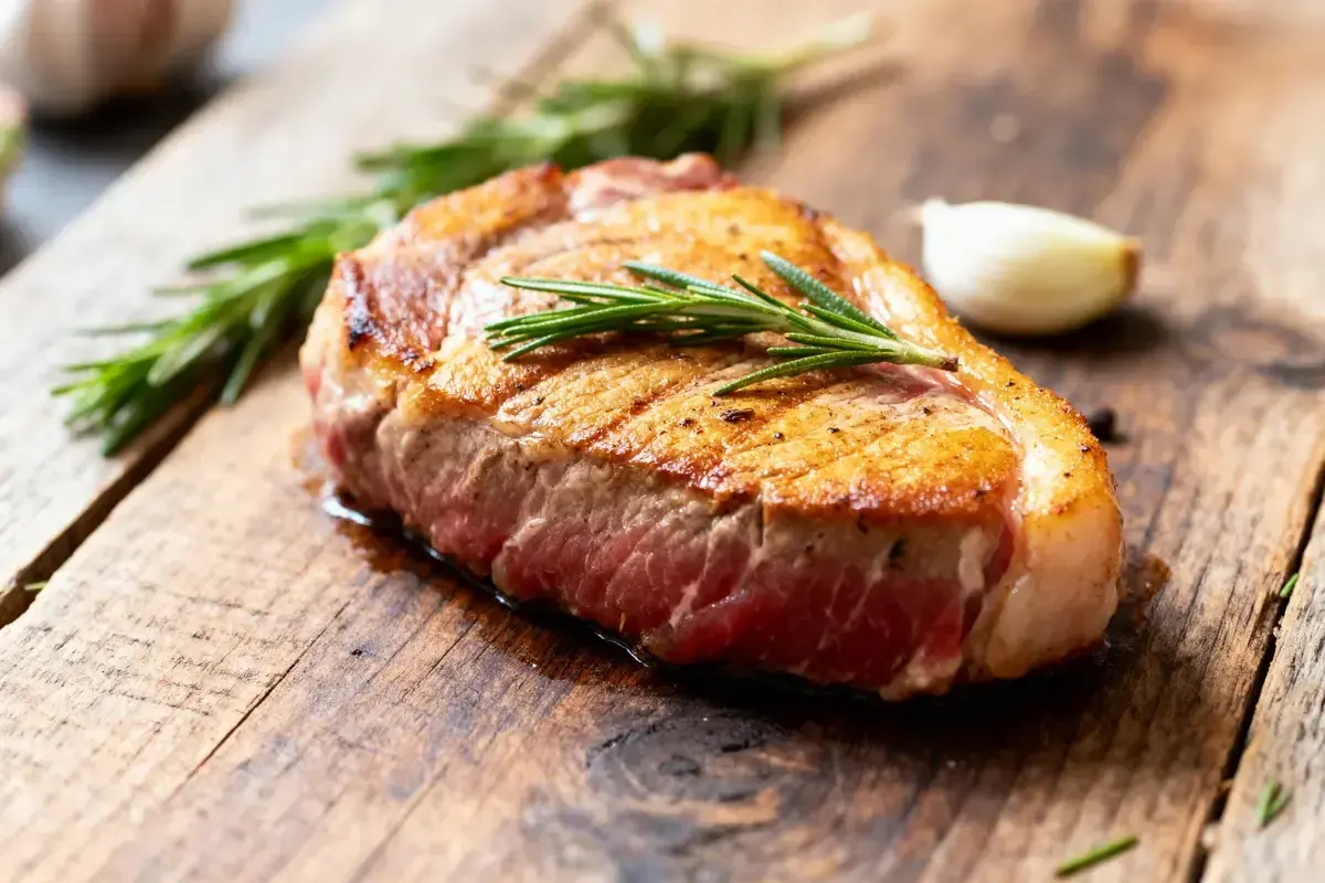 Un succulent filet mignon au four, garni de romarin frais, sur une planche en bois rustique. Un délice à savourer.