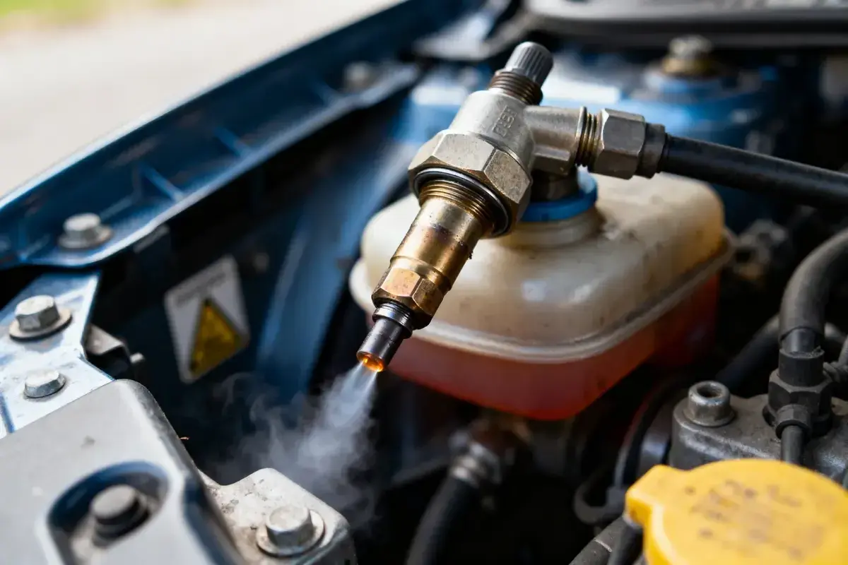 Un injecteur grippé émet de la vapeur. Le moteur de la voiture est ouvert, révélant le système d'injection.