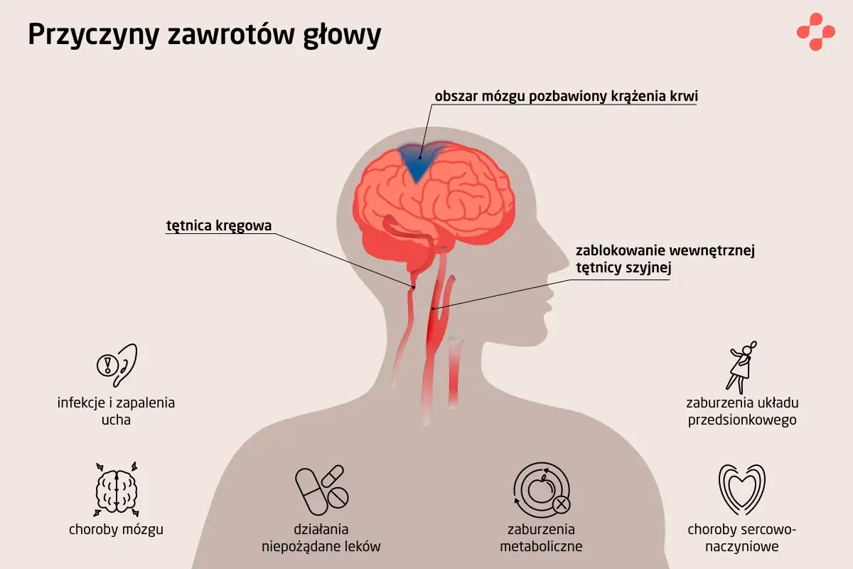 Ilustracja przedstawia przyczyny zawrotów głowy i wymiotów: blokady tętnic, choroby mózgu, infekcje ucha, zaburzenia metaboliczne i sercowo-naczyniowe.