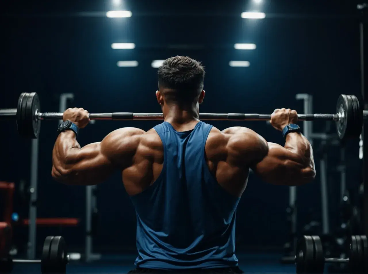 Mięśniak w niebieskiej koszulce podnosi sztangę, demonstrując siłę podczas treningu push pull legs.