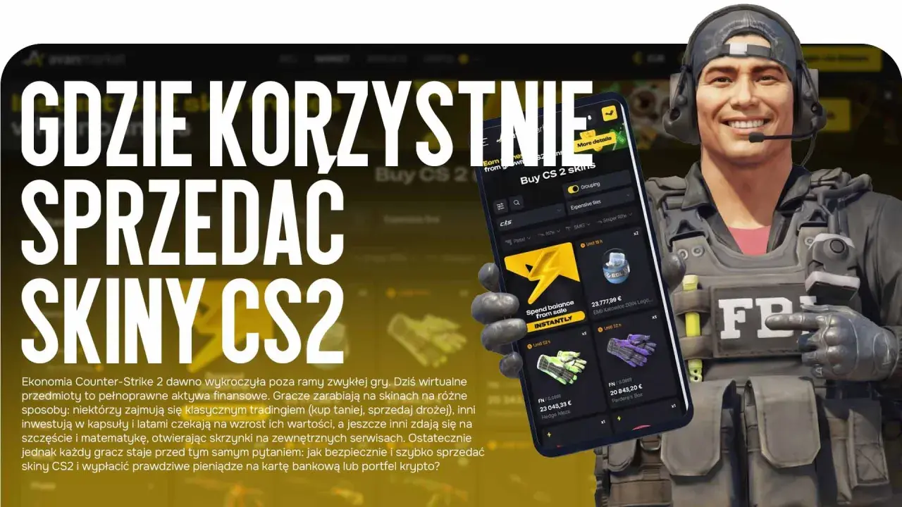 Chcesz wiedzieć, gdzie sprzedać skiny CS2? Grafika pokazuje aplikację do handlu wirtualnymi przedmiotami z gry Counter-Strike 2, gdzie gracze mogą bezpiecznie sprzedawać swoje skiny.