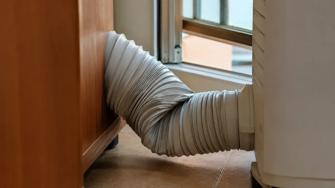 El tubo de un aire acondicionado portátil, conectado a una ventana, parece un poco torcido. ¡Espero que mi pinguino no enfria!