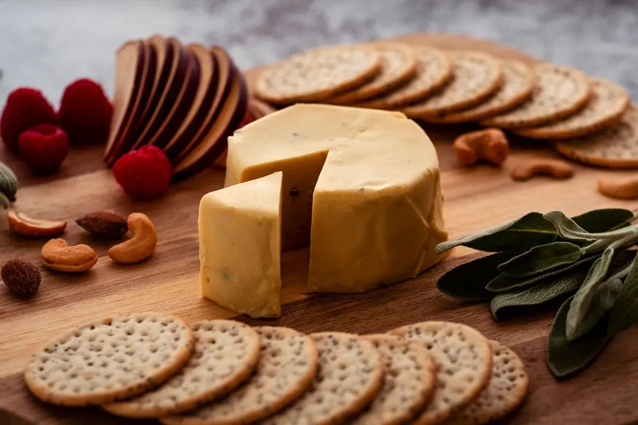 Un delizioso formaggio vegano, con lamponi, mele, frutta secca e cracker su un tagliere di legno.