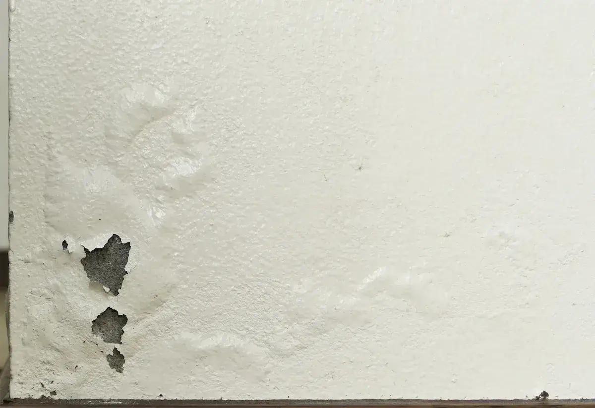 Rigonfiamento muro interno con intonaco scrostato e aree umide visibili.