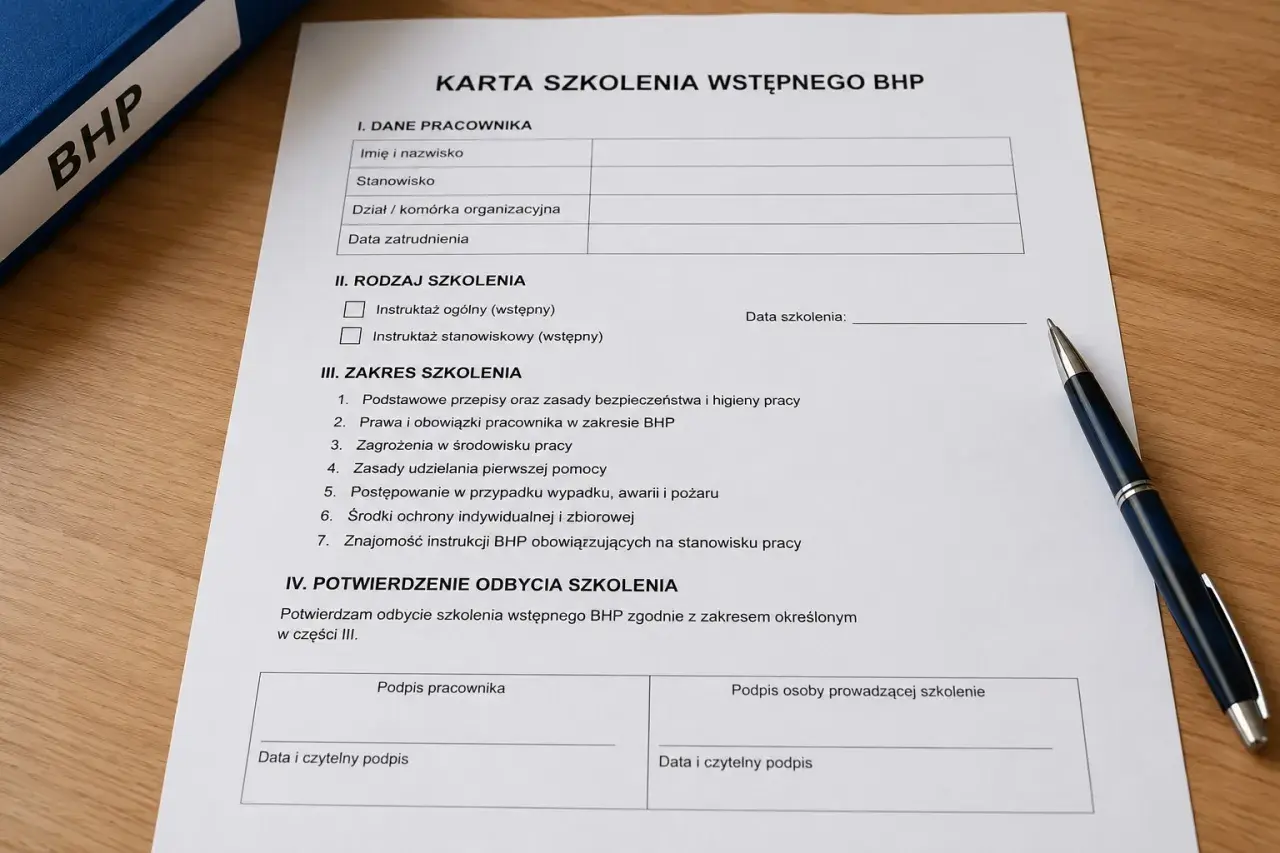 Karta szkolenia wstępnego BHP z polami do wypełnienia przez pracownika i prowadzącego. Dokument zawiera sekcje dotyczące danych pracownika, rodzaju szkolenia, zakresu tematycznego oraz potwierdzenia odbycia.
