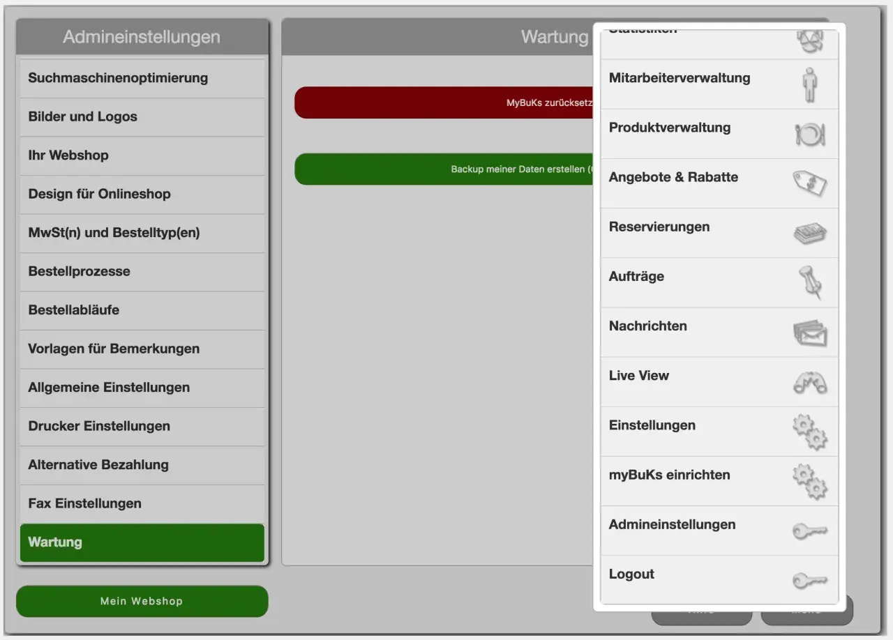 Admin-Menü mit Optionen wie "Wartung" und "myBuKs einrichten". Hier können Sie gdpdu daten sichern und verwalten.