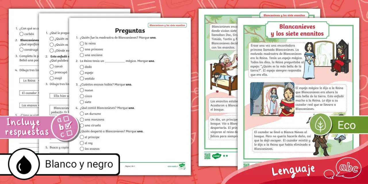Un cuento de Blancanieves y los siete enanitos con preguntas y actividades sobre la historia.
