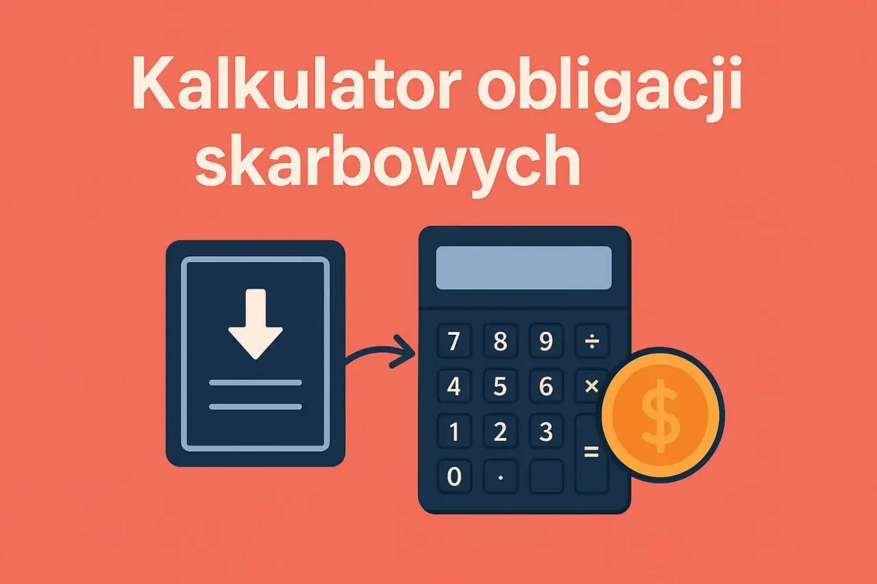 Kalkulator skarbowy pomaga jak obliczyć zysk z obligacji. Ikona pobierania i kalkulator z monetą.