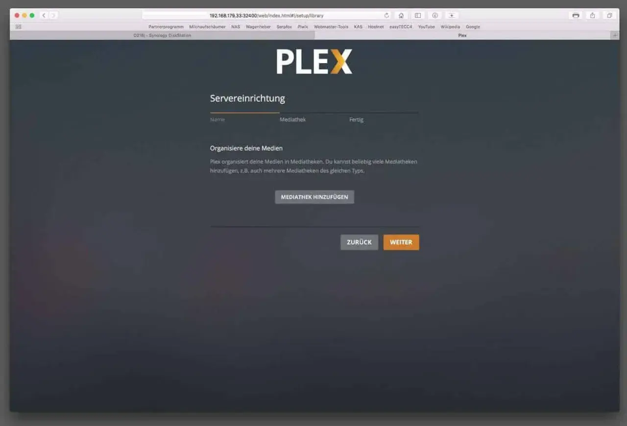 Plex Server-Einrichtung: Medien organisieren. Füge Mediatheken hinzu, um deine Filme, Serien und mehr zu verwalten.