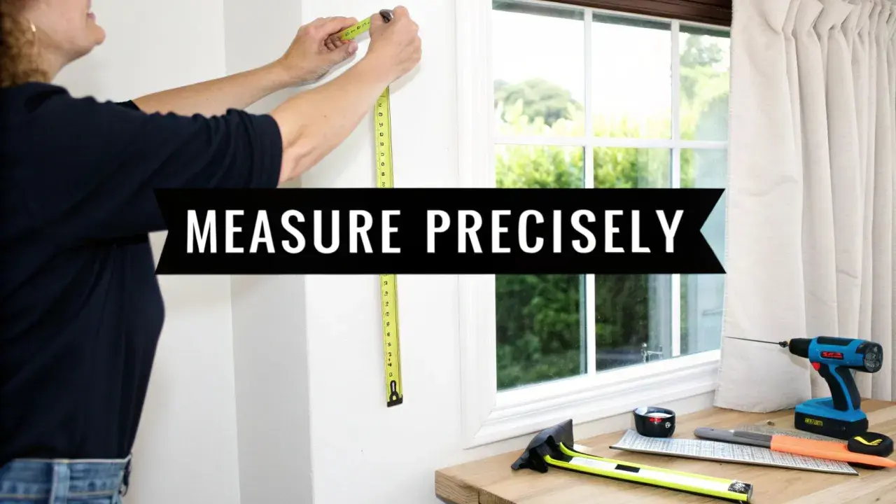 A person measures a window frame, demonstrating how to measure for pinch pleat curtains. Tools are laid out on a wooden surface.