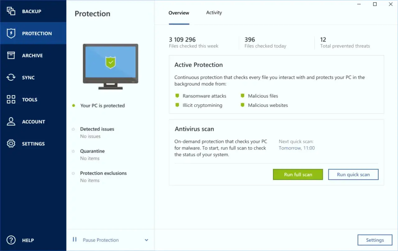 Acronis Backup Wiederherstellen: Die Benutzeroberfläche zeigt den Schutzstatus eines PCs mit aktiver Antiviren- und Ransomware-Abwehr.
