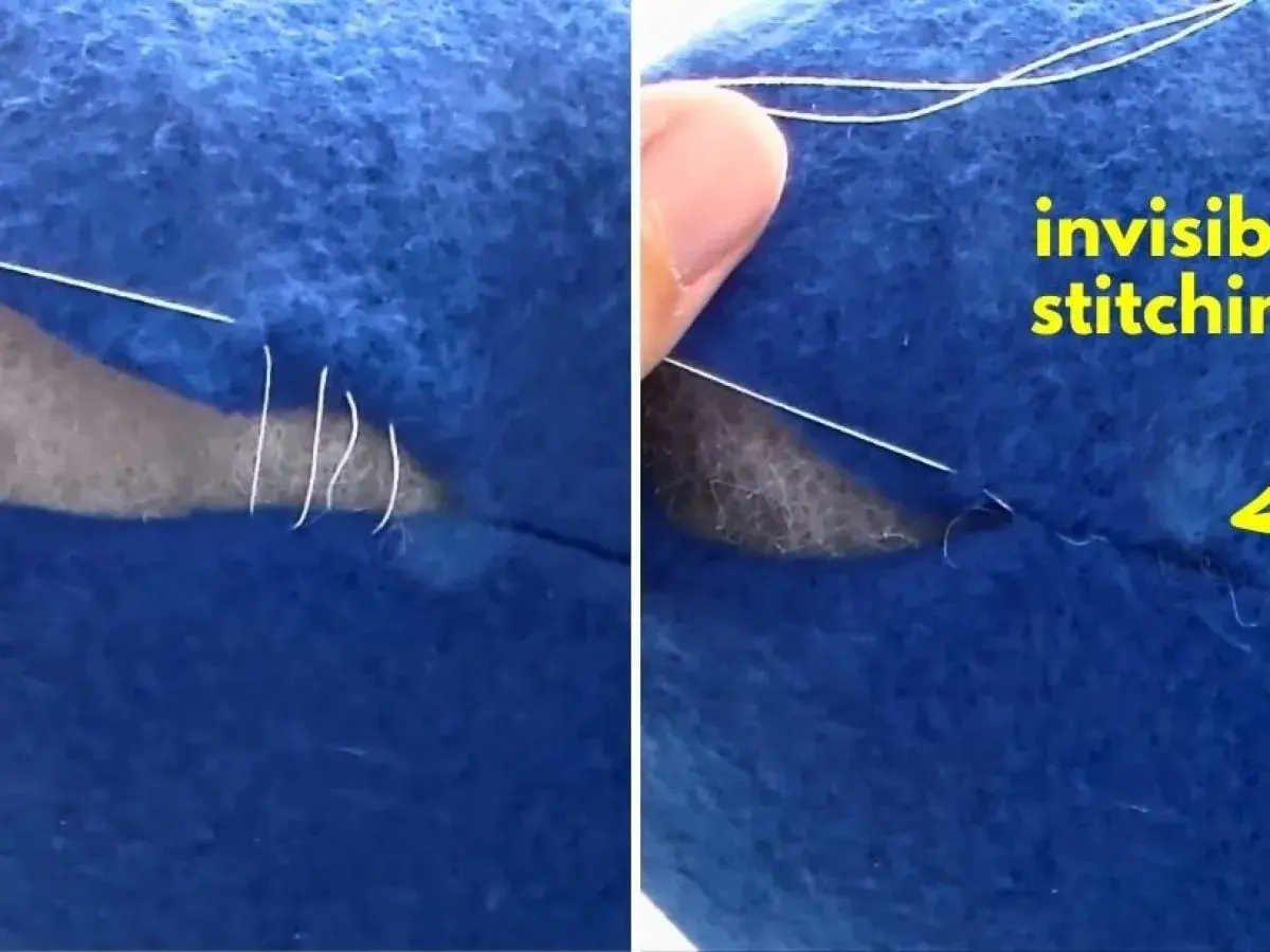 Learn how to do invisible stitch on blue felt. A needle and white thread are shown in action, creating a seamless repair.