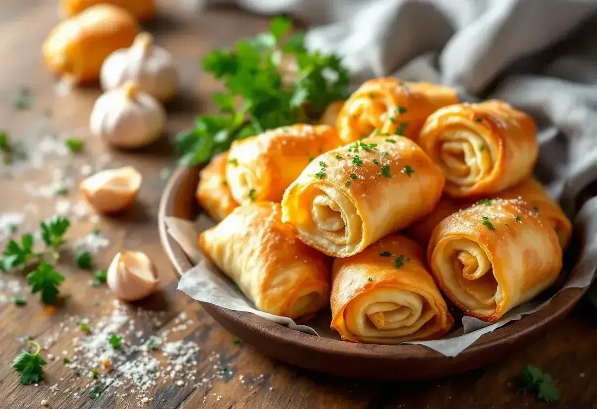Délicieux rouleaux de pâte filo dorés, parsemés de persil frais. Parfaits pour un apéritif gourmand.