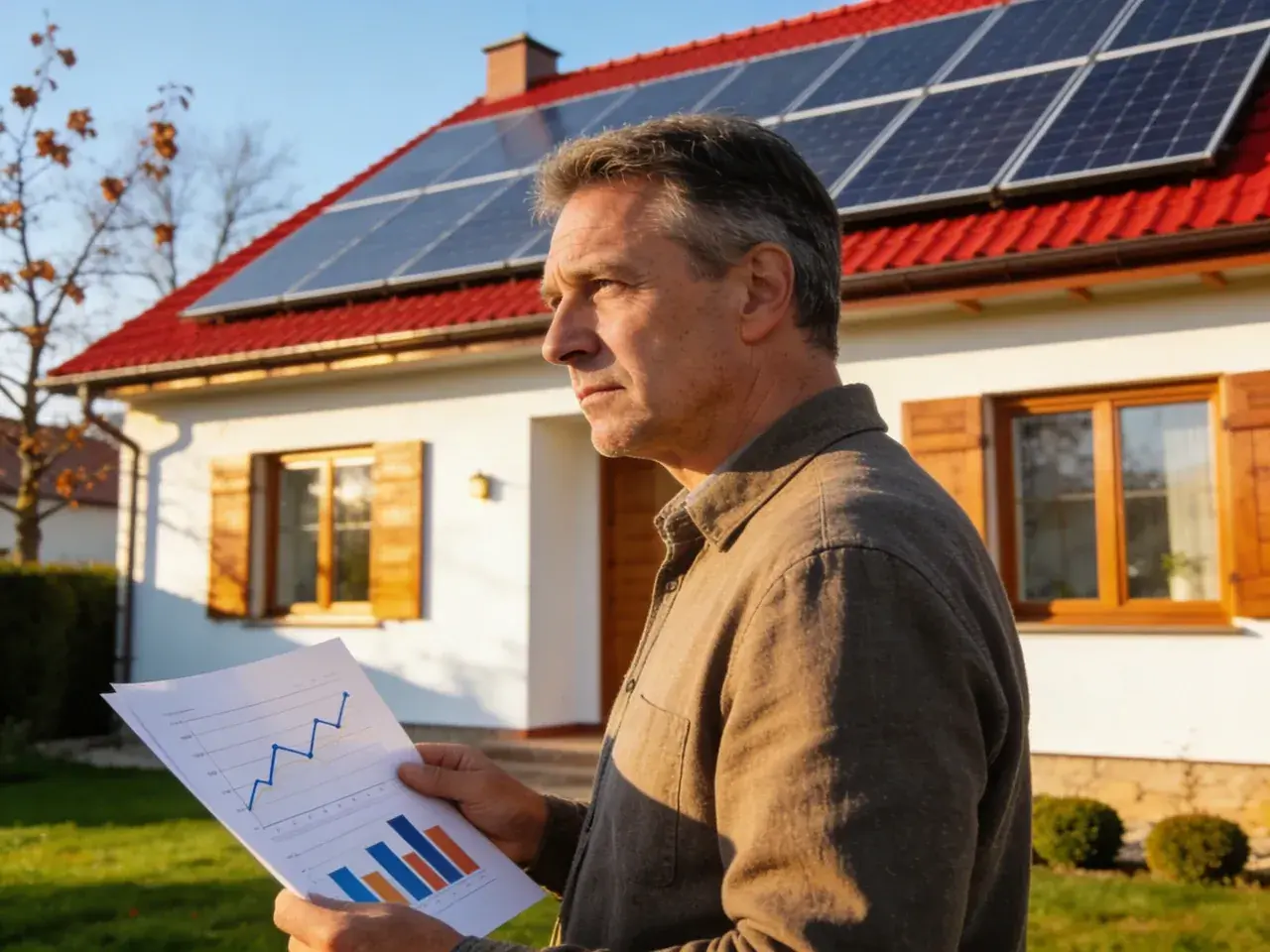 Mężczyzna z analizą danych przed domem z panelami słonecznymi. Planuje instalację banku energii 10kW.