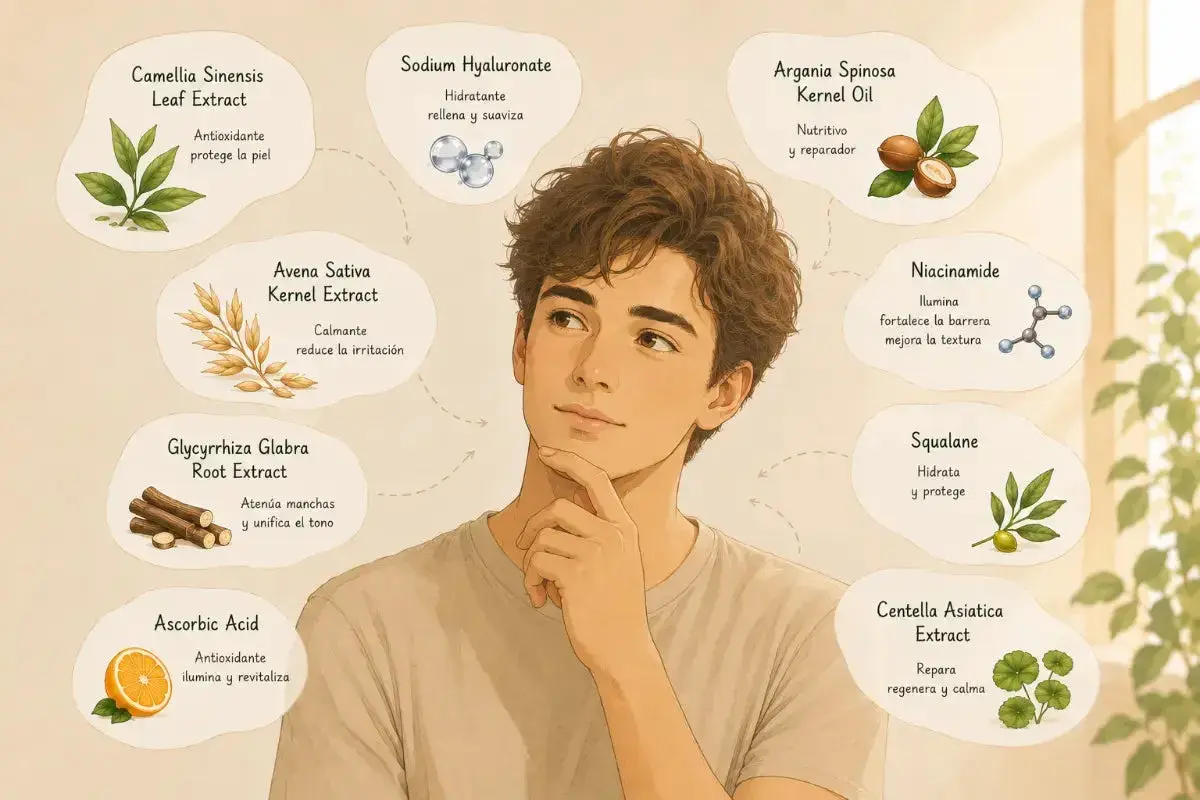 Joven pensativo rodeado de los crema reina ingredientes: extractos de té verde, avena, regaliz, ácido ascórbico, ácido hialurónico, aceite de argán, niacinamida, escualano y centella asiática.
