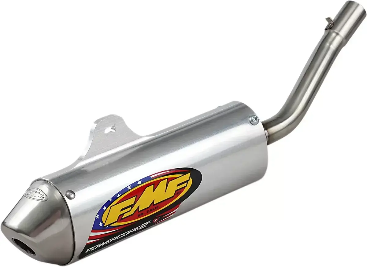 Srebrny tłumik FMF Powercore 2 z logo FMF i amerykańską flagą, gotowy do zamontowania na motocyklu.