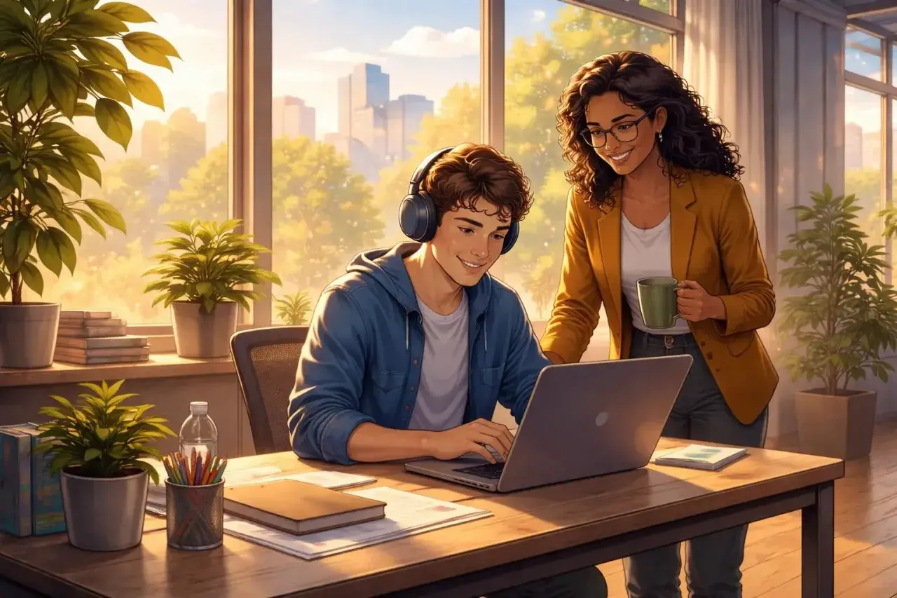 A supportive manager helps her autistic coworker focus on his laptop, creating a positive work environment.