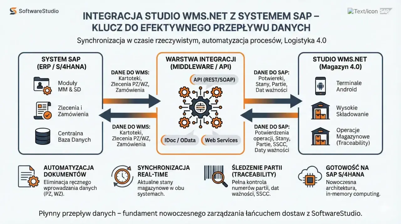 Schemat integracji SAP z WMS.NET: przepływ danych między systemami, automatyzacja procesów i synchronizacja w czasie rzeczywistym.