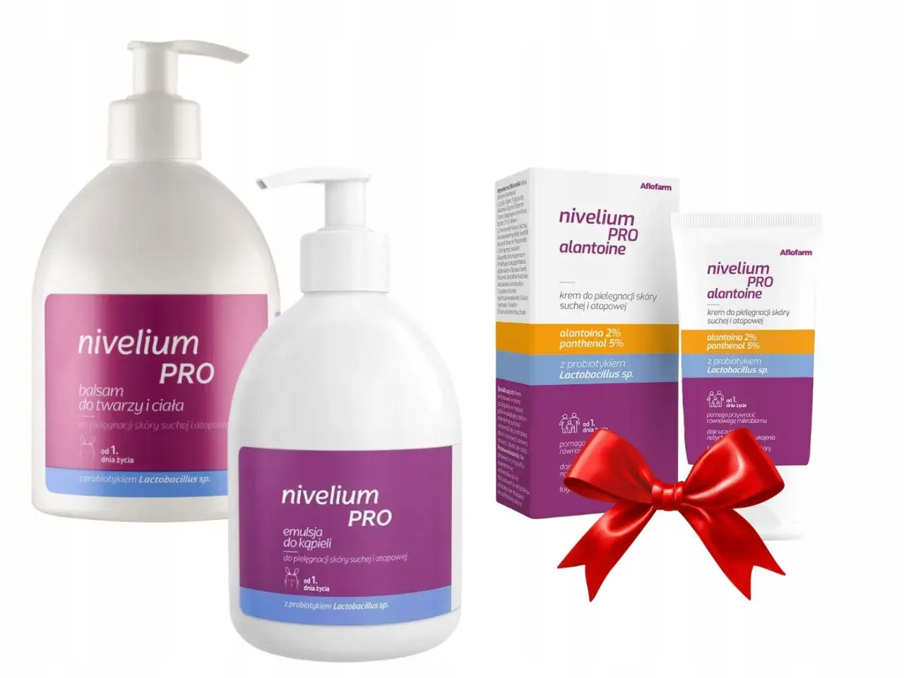 Zestaw produktów Nivelium PRO: balsam, emulsja do kąpieli i krem z alantoiną. Idealne dla skóry suchej i atopowej, od 1. dnia życia.