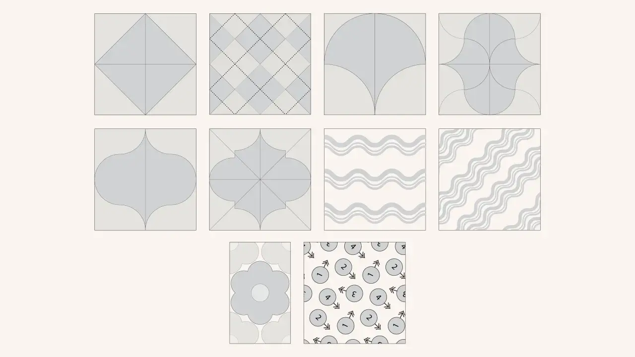 Divers motifs géométriques et abstraits, comme des vagues ou des fleurs, créent un motif qui se répète à l'infini.