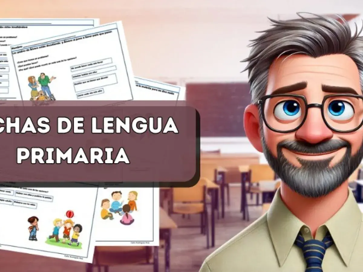 Un profesor sonriente presenta fichas de lengua para primaria con ilustraciones de niños.